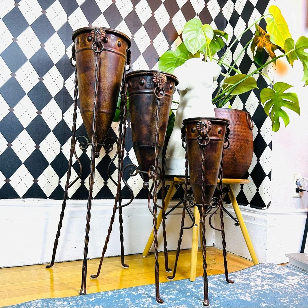 Primitive-Modern Sculptural Floor Vessels Totemic Metal Forms on Forged Stands‎ - Picture 17 of 17